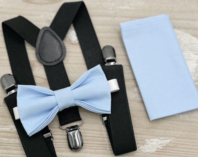 Ice Blue Bow tie & Suspenders | Black Braces | Pocket Square | Ring Bearer Outfit | Boho Rustic Wedding Set