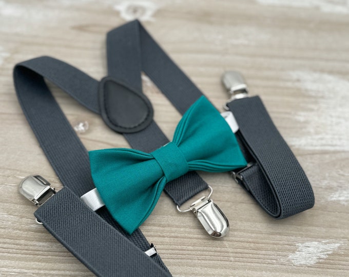 Teal Bow tie & Suspenders | Charcoal Dark Gray Braces | Pocket Square | Ring Bearer Outfit | Boho Wedding | Groomsman Gift