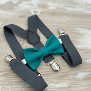 Teal Bow tie & Suspenders | Charcoal Dark Gray Braces | Pocket Square | Ring Bearer Outfit | Boho Wedding | Groomsman Gift