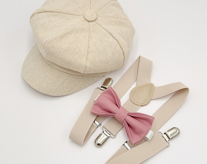 Newsboy Cap Outfit, Baby to 10 Years - Ring Bearer & Page Boy Wedding Set, Dusty Rose Bow Tie and Ivory Suspenders, Gatsby Flat Cap