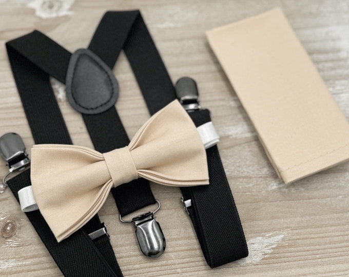 Champagne Tan Bow tie & Suspenders | Black Braces | Pocket Square | Ring Bearer Outfit | Boho Rustic Wedding