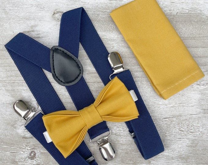 Mustard Yellow Bow Tie & Navy Blue Suspenders , pocket square , Kids Baby Boy ring bearer set , Mens Groom Best Man Adult wedding outfit