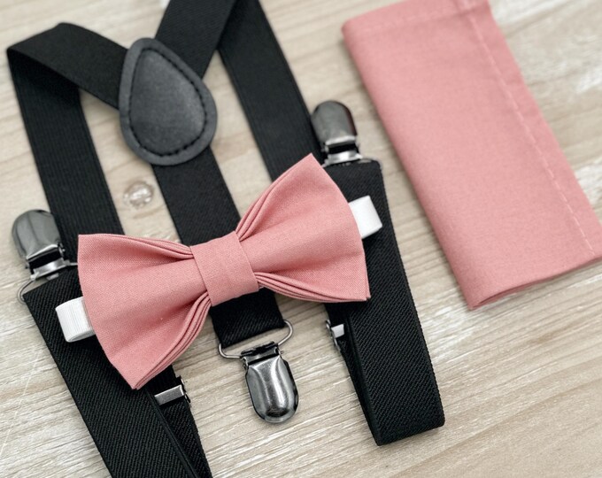 Champagne Rose Bow tie & Suspenders | Black Braces | Pocket Square | Ring Bearer Outfit | Boho Rustic Wedding