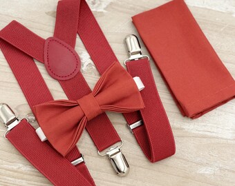Terracotta Bow Tie & Suspenders Set - Ring Bearer and Groomsman Outfit, Rustic Wedding, Pocket Square, All Sizes Baby to Adult