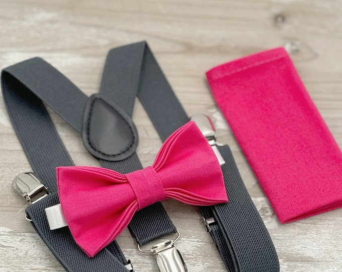 Fuchsia Bow tie & Suspenders | Dark Gray Braces | Pocket Square | Ring Bearer Outfit | Rustic Wedding | Groomsman Gift | Begonia Bow Tie