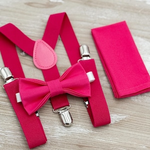 Fuchsia Bow tie & Suspenders | Begonia Pink Bowtie | Pocket Square | Ring Bearer Outfit | Boho Rustic Wedding Set