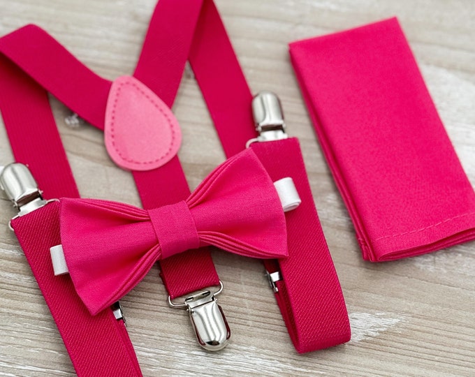 Fuchsia Bow tie & Suspenders | Begonia Pink Bowtie | Pocket Square | Ring Bearer Outfit | Boho Rustic Wedding Set