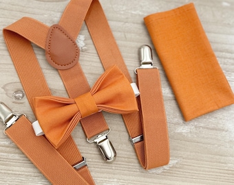 Burnt Orange Bow Tie & Suspenders Set - Ring Bearer and Groomsman Outfit, Rustic Wedding, Pocket Square, All Sizes Baby to Adult