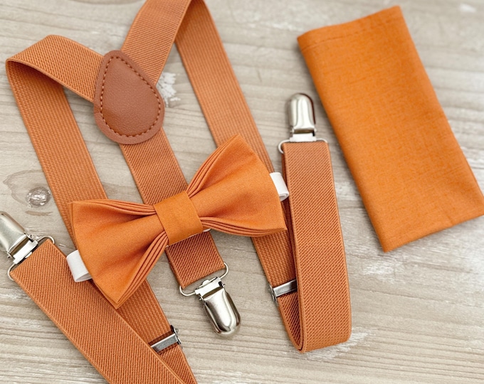 Burnt Orange Bow tie & Suspenders | Pocket Square | Ring Bearer Outfit | Boho Rustic Wedding