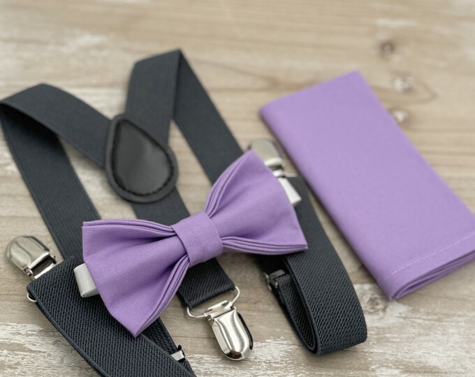 Tahiti Bow tie & Suspenders | Charcoal Dark Gray Braces | Pocket Square | Ring Bearer Outfit | Boho Rustic Wedding Outfit | Groomsman Gift