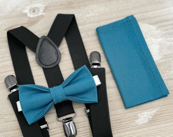 Teal Blue Bow tie & Suspenders | Black Braces | Pocket Square | Ring Bearer Outfit | Boho Rustic Wedding