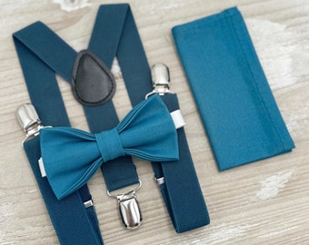 Teal Blue Bow tie & Suspenders, Ink Braces, Pocket Square, Ring Bearer Outfit, Boho Rustic Wedding