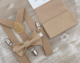 Nude Bow Tie & Suspenders - Ring Bearer and Groomsman Outfit, Rustic Wedding, Beige Pocket Square, All Sizes Baby to Adult