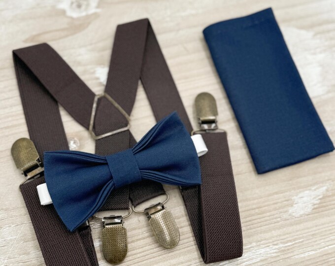 Navy Bow tie & Suspenders | Coffee X - Back Braces | Marine Blue Bowtie | Pocket Square | Ring Bearer Outfit | Boho Rustic Wedding
