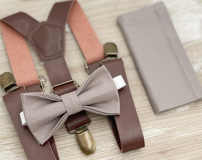Toffee Bow tie & Suspenders, Leather Braces, Hazelnut Bow, Portobello Bowtie, Pocket Square, Ring Bearer Outfit, Boho Wedding