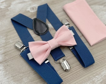 Blush Bow Tie & Steel Blue Suspenders Set - Ring Bearer and Groomsman Outfit, Rustic Wedding, Pocket Square, All Sizes Baby to Adult