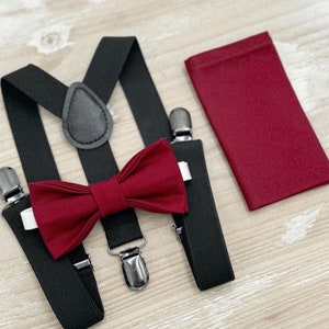 Burgundy Bow tie & Suspenders | Black Braces | Pocket Square | Ring Bearer Outfit | Boho Rustic Wedding