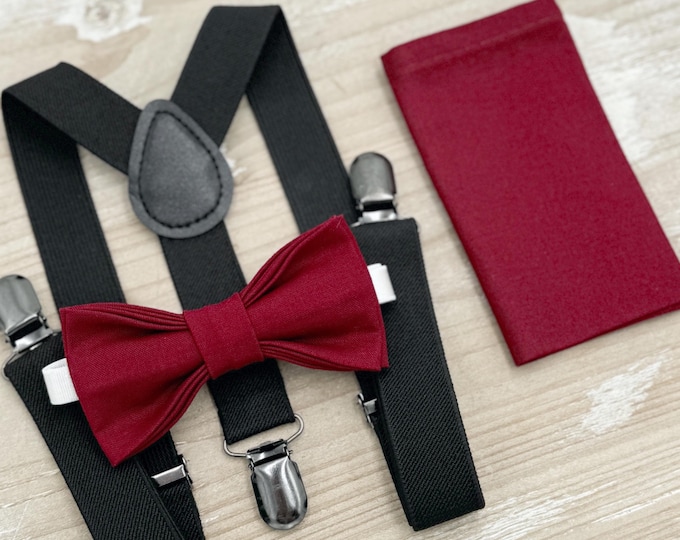 Burgundy Bow tie & Suspenders | Black Braces | Pocket Square | Ring Bearer Outfit | Boho Rustic Wedding