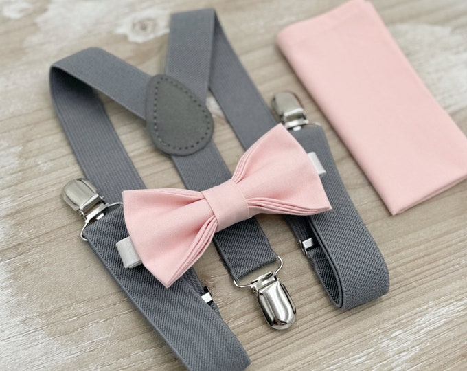 Blush Bow tie & Suspenders, Gray Braces, Petal Bow Tie, Pocket Square, Ring Bearer Outfit, Boho Wedding