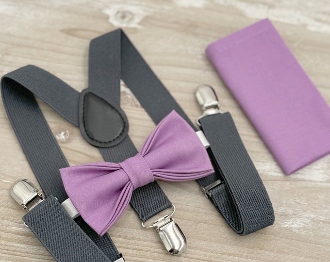 Wisteria Bow tie & Suspenders | Charcoal Dark Gray Braces | Pocket Square | Ring Bearer Outfit | Boho Wedding | Groomsman Gift