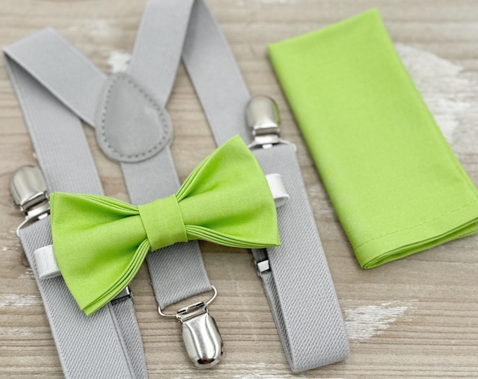 Pear Bow tie & Suspenders | Light Gray Braces | Lime Green Bow Tie | Pocket Square | Ring Bearer Outfit | Boho Rustic Wedding