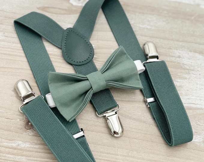 Eucalyptus Bow Tie & Suspenders – All Sizes for Men and Boys, Pocket Square, Ring Bearer, Rustic Wedding, Groomsman Gift