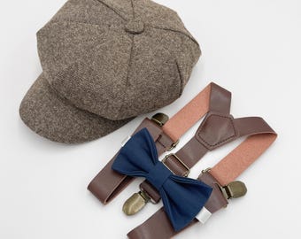 Newsboy Cap Outfit, Baby to Adult - Ring Bearer & Groomsman Wedding Set, Navy Blue Bow Tie and Leather Suspenders, Gatsby Flat Cap