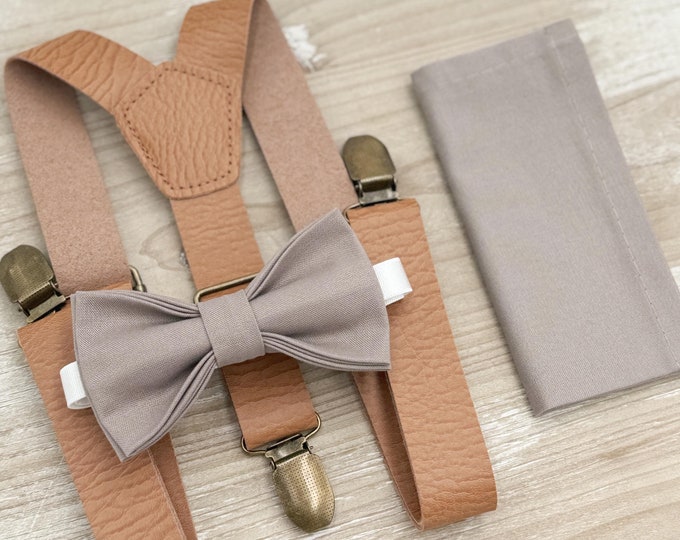 Toffee Bow tie & Suspenders, Leather Light Brown Braces, Hazelnut Bow, Portobello Bow, Pocket Square, Ring Bearer Outfit, Wedding Set