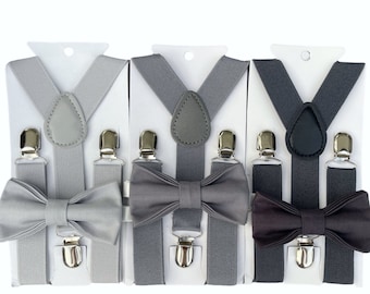 Gray Bow Tie & Suspenders , Men's Bow Tie , Boy's Ring Bearer outfit , Toddler cake smash set  , Groomsmen Gift , Wedding Groom outfit
