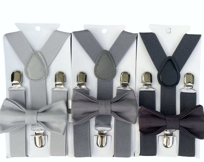 Gray Bow Tie & Suspenders , Men's Bow Tie , Boy's Ring Bearer outfit , Toddler cake smash set  , Groomsmen Gift , Wedding Groom outfit