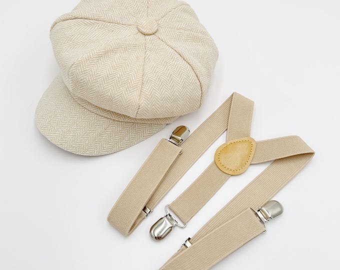 Newsboy Cap Outfit, Baby to 10 Years - Beige Ring Bearer & Groomsman Wedding Set, Champagne Suspenders, Gatsby Flat Cap