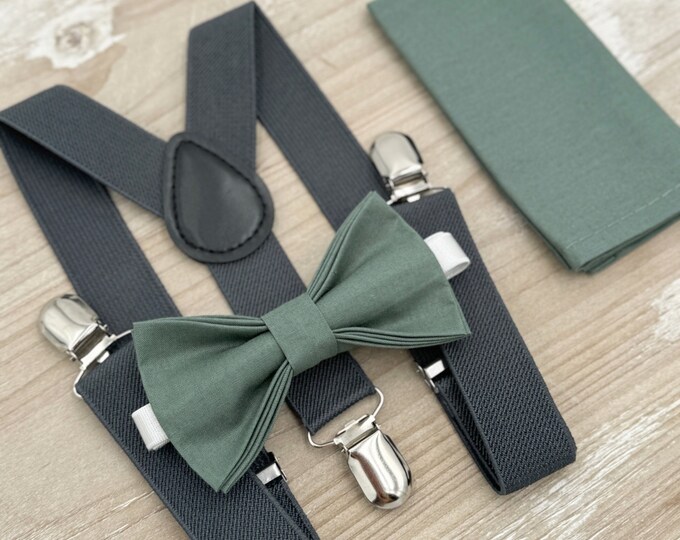 Eucalyptus Bow Tie & Suspenders – All Sizes for Men and Boys, Dark Gray Suspenders, Pocket Square, Ring Bearer Gift , Rustic Wedding