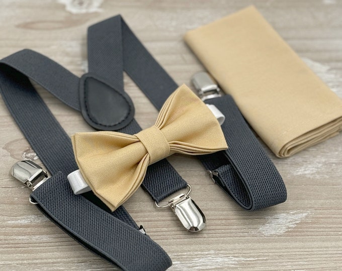 Gold Bow Tie & Charcoal Gray Suspenders – Baby to Adult Sizes – Ring Bearer Outfit, Boho Wedding Set, Groomsman Gift, Pocket Square