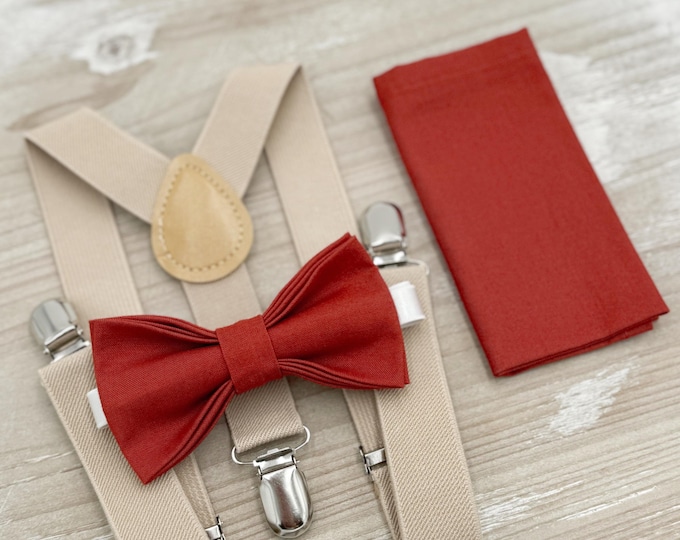 Terracotta Bow tie & Suspenders | Champagne Tan Braces | Cinnamon Bowtie | Pocket Square | Ring Bearer Outfit | Boho Rustic Wedding