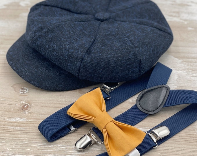 Navy Blue Newsboy cap , Boy's Applejack Flat hat , Marigold Yellow Bow Tie , Marine Suspenders , Wedding Ring bearer outfit , Ivy Cap