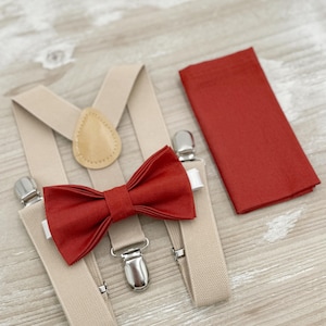 Terracotta Bow tie & Suspenders | Champagne Tan Braces | Cinnamon Bowtie | Pocket Square | Ring Bearer Outfit | Boho Rustic Wedding