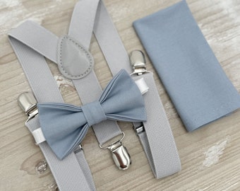 Dusty Blue Bow Tie & Suspenders – All Sizes for Boys and Men, Light Gray Braces, Pocket Square, Ring Bearer, Boho Rustic Wedding