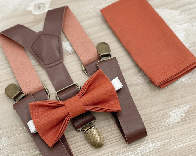 Paprika Bow tie & Suspenders | Leather Braces | Sienna Bow | Pocket Square | Ring Bearer Outfit | Boho Rustic Wedding