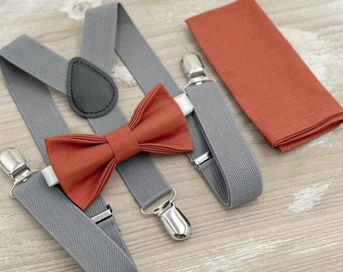 Paprika Bow tie & Gray Suspenders | Pocket Square | Sienna Bow | Ring Bearer Outfit | Rustic Boho Wedding