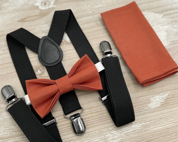 Paprika Bow tie & Suspenders | Black Braces | Sienna Bow | Pocket Square | Ring Bearer Outfit | Boho Rustic Wedding