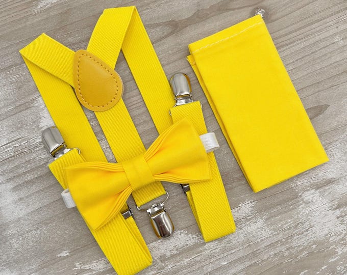 Yellow Bow tie & Suspenders, Pocket Square, Ring Bearer Outfit, Boho Rustic Wedding