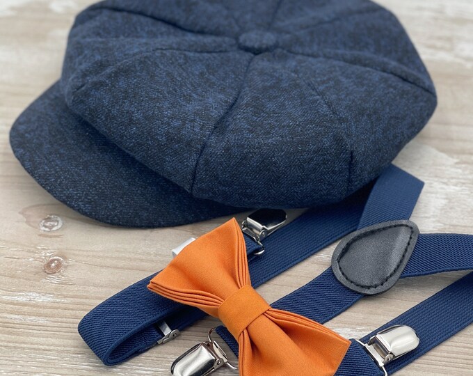 Navy Blue Newsboy cap , Boy's Applejack Flat hat , Burnt Orange Bow Tie , Marine Suspenders , Wedding Ring bearer outfit , Ivy Cap