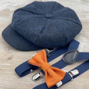 Navy Blue Newsboy cap , Boy's Applejack Flat hat , Burnt Orange Bow Tie , Marine Suspenders , Wedding Ring bearer outfit , Ivy Cap