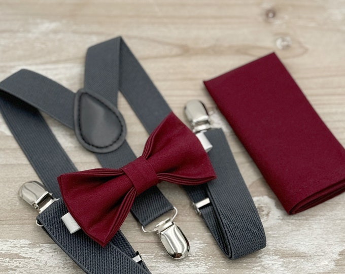 Cabernet Bow tie & Suspenders | Dark Gray Braces | Pocket Square | Ring Bearer Outfit | Boho Rustic Wedding | Groomsman Gift | Wine Bow Tie