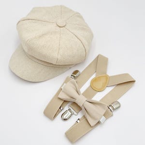 Newsboy Cap Outfit for Baby to 10 Years - Ring Bearer Set with Biscotti Bow Tie & Champagne Suspenders, Page Boy Wedding, Gatsby Flat Cap