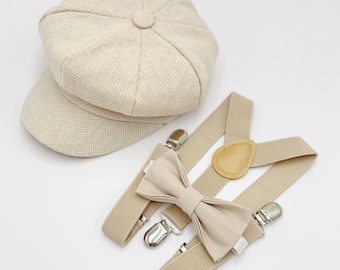 Newsboy Cap Outfit for Baby to 10 Years - Ring Bearer Set with Biscotti Bow Tie & Champagne Suspenders, Page Boy Wedding, Gatsby Flat Cap