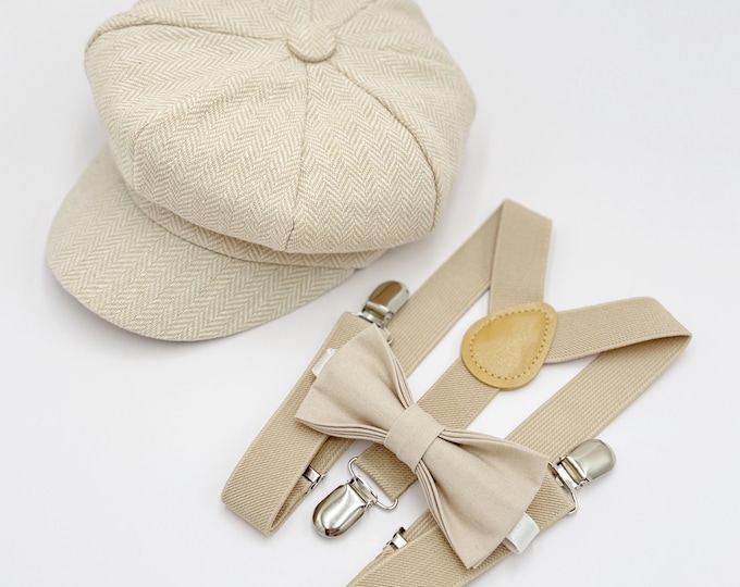Newsboy Cap Outfit for Baby to 10 Years - Ring Bearer Set with Biscotti Bow Tie & Champagne Suspenders, Page Boy Wedding, Gatsby Flat Cap