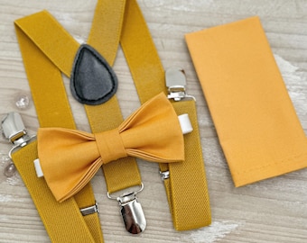 Marigold Bow Tie & Mustard Suspenders – Ring Bearer Groomsman Outfit, Rustic Boho Wedding Set, Pocket Square, Toddler to Adult Sizes