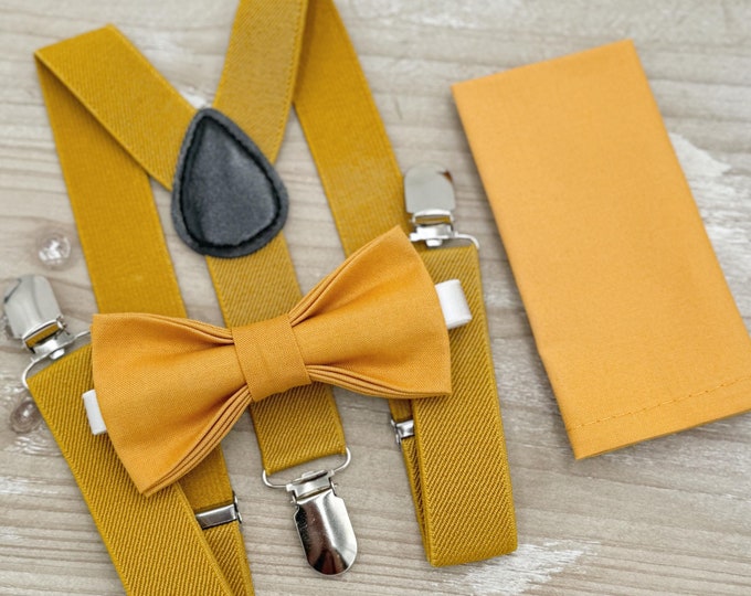 Marigold Bow Tie & Mustard Suspenders – Ring Bearer Groomsman Outfit, Rustic Boho Wedding Set, Pocket Square, Toddler to Adult Sizes