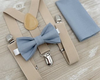Dusty Blue Bow Tie and Suspenders Set – All Sizes for Men & Boys, Champagne Tan Braces, Pocket Square, Ring Bearer, Boho Rustic Wedding